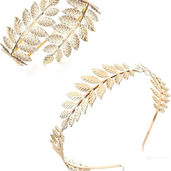 Greek Goddess Headband Arm Cuff Bridal Jewelry Set Roman Laurel Leaf - Picture 1 of 6